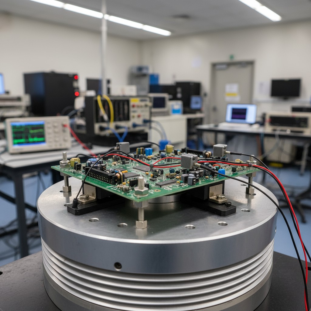 Skrining Getaran untuk Mengidentifikasi Resonansi Sebuah PCBA dipasang pada meja shaker untuk pengujian getaran swept-sine, dengan akselerometer terpasang.