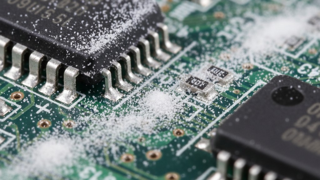 A macro photograph of a green printed circuit board with a faint, chalky white residue clinging to the solder mask and around the base of the components.