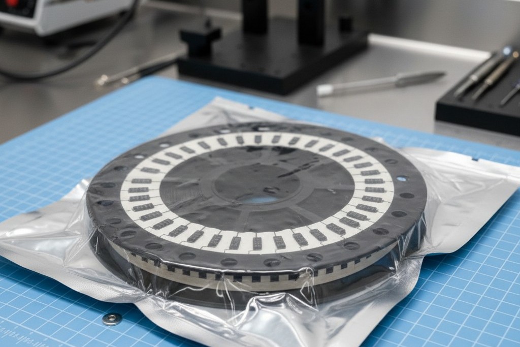 A reel of electronic components is visible inside a silver, anti-static moisture barrier bag that has been tightly vacuum-sealed, pressing the bag against the reel.