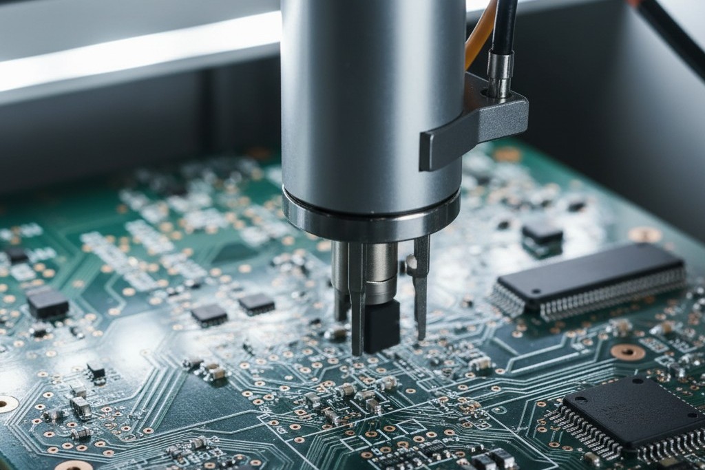 A close-up of a robotic pick-and-place machine head rapidly placing a tiny electronic component onto a printed circuit board.
