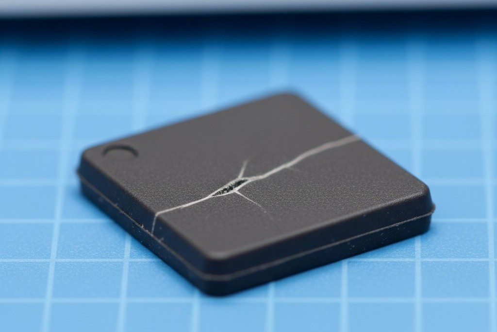 ภาพใกล้ของความล้มเหลวของป๊อปคอร์นบนวงจรรวม ภาพถ่ายมาโครของวงจรรวมสีดำที่แสดงรอยร้าวที่ชัดเจนบนพื้นผิว ซึ่งเป็นสัญญาณทั่วไปของความล้มเหลวแบบป๊อปคอร์นที่เกี่ยวข้องกับความชื้น