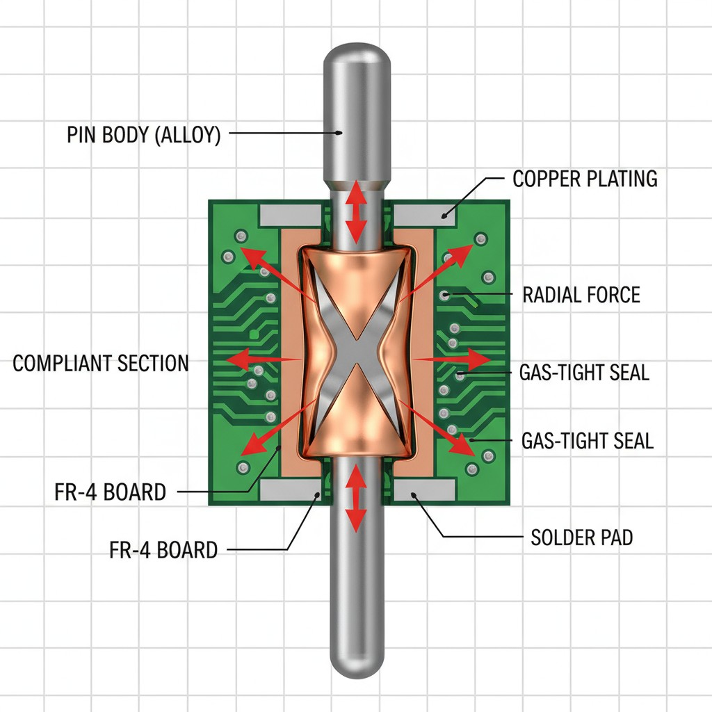 A 3D cross-section diagram showing how a compliant pin deforms inside a plated-through hole to create a gas-tight seal.