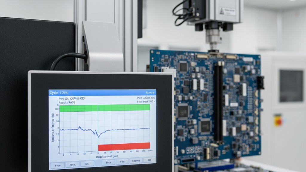 A press-fit machine's monitor displays a graph of insertion force, verifying a successful connector installation.