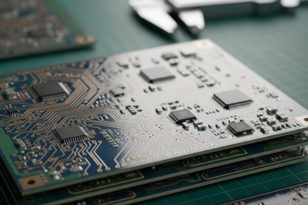 A top-down view of a printed circuit board with intricate copper traces and surface-mount components on a clean electronics workbench with a shallow depth of field.