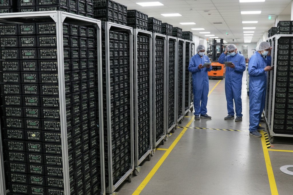A line of wheeled metal carts stacked high with trays of unfinished printed circuit boards, cluttering a hallway in a factory and indicating a production delay.