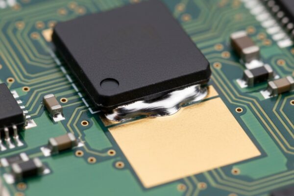 A close-up macro view of a black quad-flat no-leads integrated circuit soldered onto a green printed circuit board with gold-plated pads.