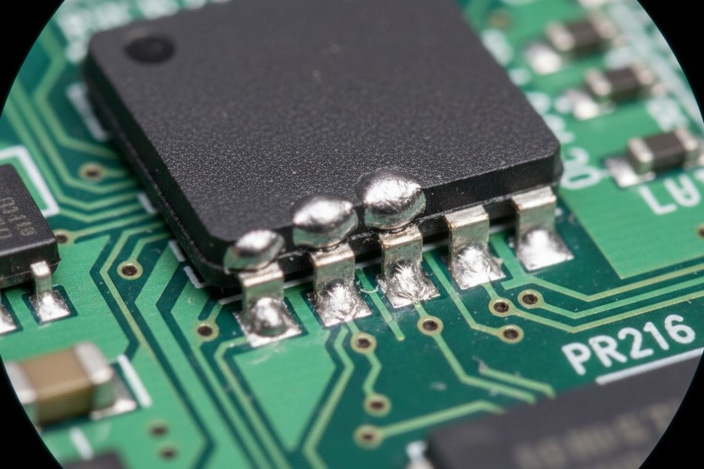 A magnified, close-up view of a square electronic component on a green circuit board, showing multiple poor solder connections where the solder has failed to wet properly to the pads.