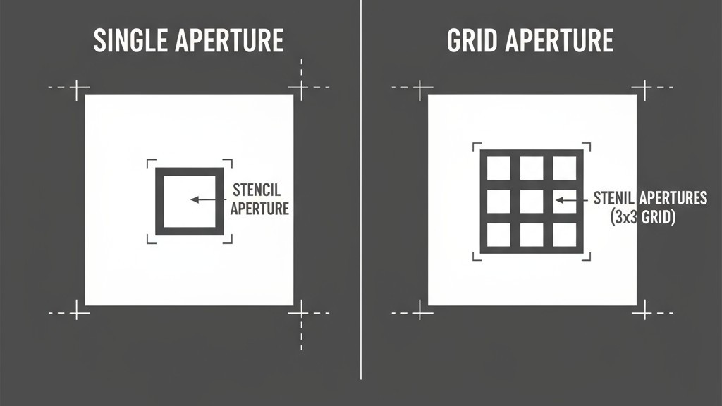 ช่องเปิดของบัดกรีเซกเมนต์สำหรับแผ่นความร้อน QFN แผนภาพเปรียบเทียบช่องเปิดของบัดกรีขนาดใหญ่เดียวกับตารางแบ่งเป็นช่องเล็ก ๆ สำหรับแผ่นความร้อนกลางของ QFN