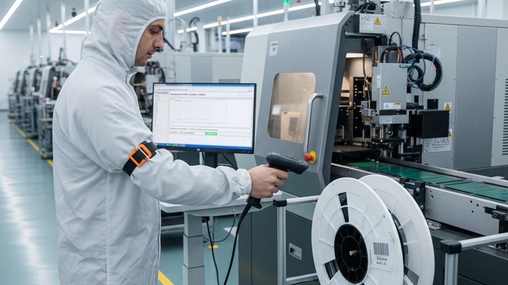 Real-Time Data Capture for a Medical Device DHR A technician in an electronics factory scans a barcode on a component reel before loading it into a modern SMT pick-and-place machine.