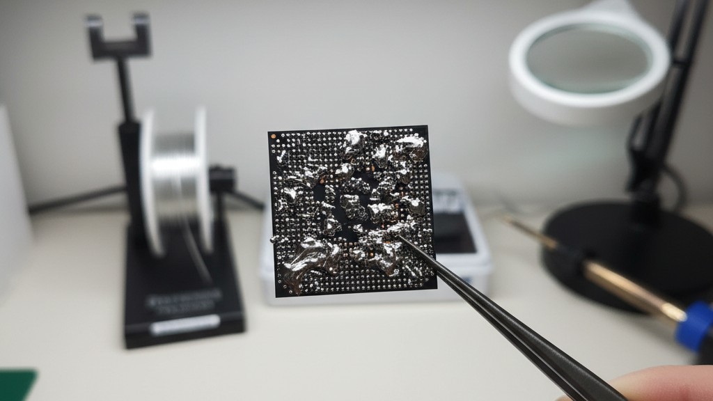 A technician holds a large BGA chip with tweezers, showing its underside covered in messy, uneven solder remnants after removal from a circuit board.