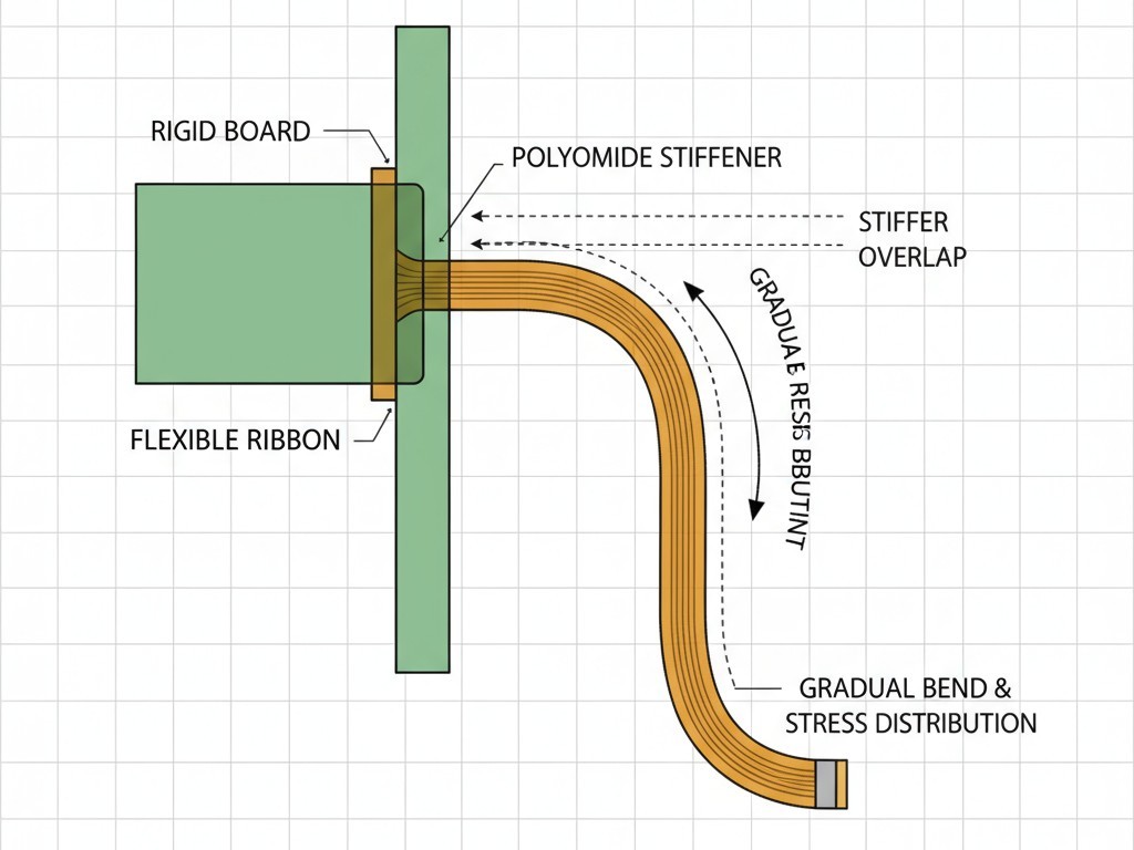 การใช้เสริมความแข็งเพื่อจัดการความเครียดจากการเปลี่ยนผ่านระหว่างความแข็งและความยืดหยุ่น แผนภาพแสดงการวางเสริมความแข็งที่ขอบของส่วน PCB ที่แข็ง เพื่อควบคุมจุดโค้งงอของวงจรแบบยืดหยุ่น ลดการสะสมความเครียด