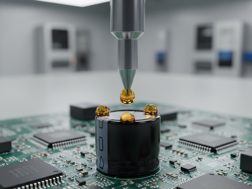 A robotic arm with a fine needle tip dispenses three precise dots of amber adhesive around the base of a tall black capacitor on a circuit board.