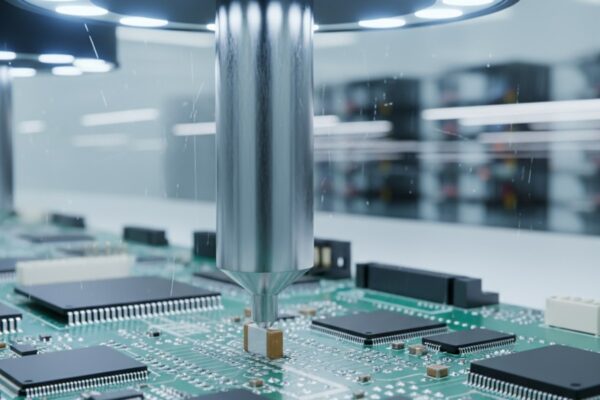 A macro photograph shows a robotic nozzle precisely placing a tiny electronic component onto a complex green printed circuit board with silver solder pads.