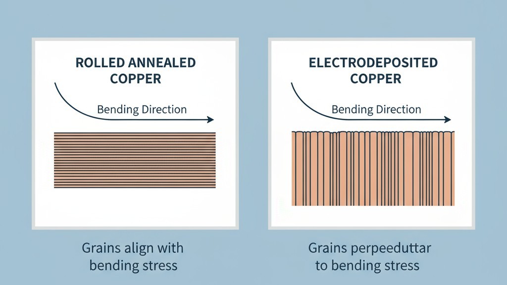 เปรียบเทียบโครงสร้างเส้นใยทองแดงสำหรับวงจรแบบยืดหยุ่น แผนภาพแสดงทองแดงที่ผ่านการรีดขึ้นรูปแบบผ่านการอบอ่อนและมีเส้นใยยาว ไปพร้อมกับทองแดงที่เคลือบด้วยไฟฟ้าซึ่งมีเส้นใยแนวตั้งอธิบายว่าทองแดงรีดขึ้นรูปนั้นดีกว่าในการโค้งงอ