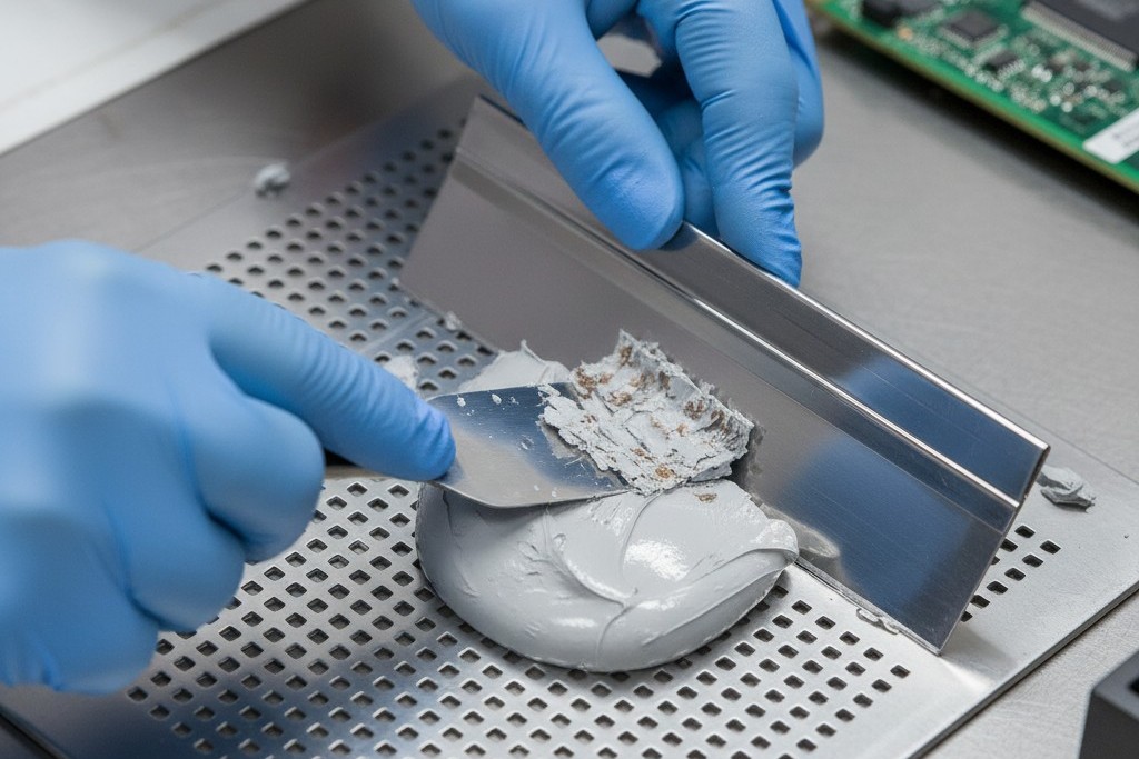 A person wearing blue nitrile gloves uses a metal spatula to scrape old, crusty solder paste from a stencil and adds it to a blob of fresh paste.