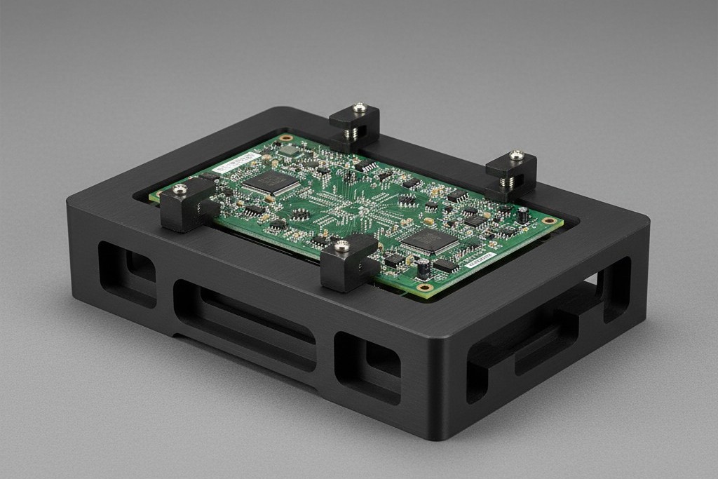 A custom-machined, dark gray reflow pallet made of composite material, holding a green circuit board. Pockets are milled into the pallet to shield components on the board's underside.