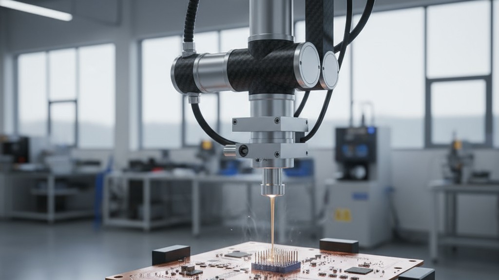 A Selective Soldering Machine Precisely Targeting a Joint on a PCB A selective soldering machine's robotic arm positions a small nozzle to apply molten solder to a specific component on a circuit board.