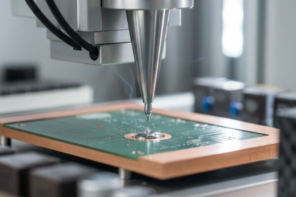 Heavy Copper and High-Current Builds at Bester PCBA That Actually Solder A macro view of a robotic soldering nozzle applying a bead of molten silver solder to a component lead on a dark green printed circuit board with thick copper traces.