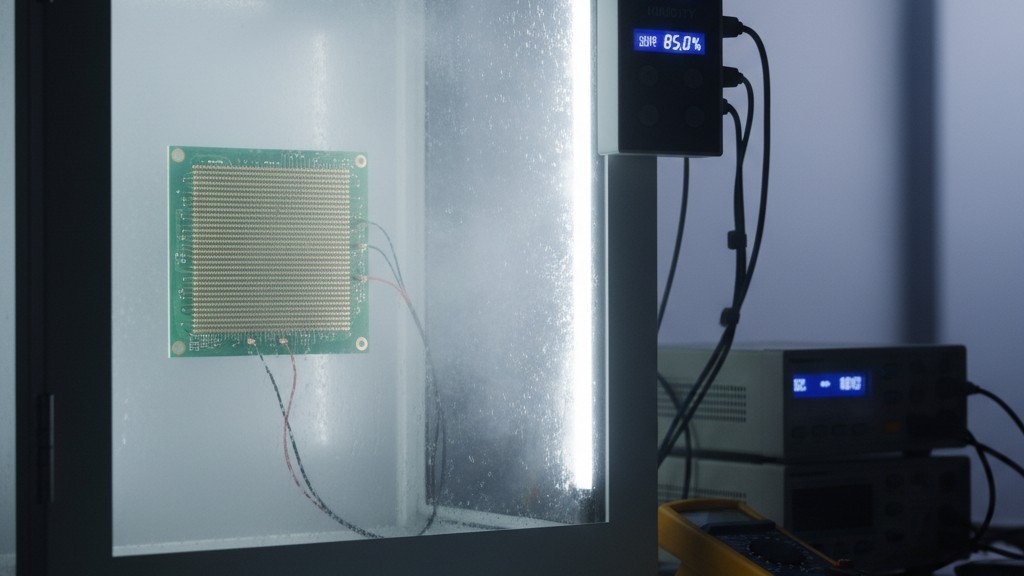 A PCB test coupon with a comb pattern sits inside a climate chamber, connected by wires for Surface Insulation Resistance testing under heat and humidity.