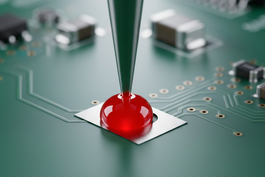 A macro photograph showing the metal tip of an automated dispensing needle applying a precise dot of red epoxy onto a green printed circuit board.
