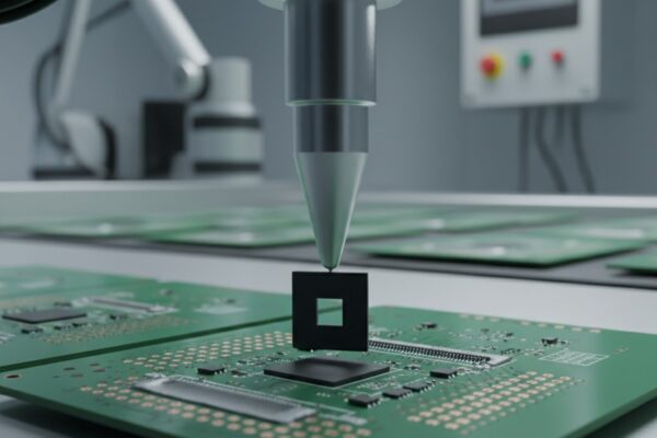 The Paper Match: Why "Compatible" Alternates Fail on the Factory Floor A robotic pick-and-place machine holds a small black integrated circuit just above a circuit board, visibly misaligned with the solder paste on the pads below.