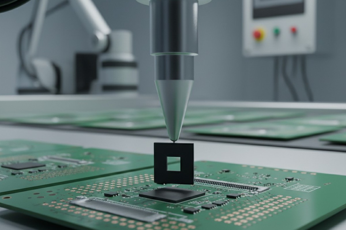 A robotic pick-and-place machine holds a small black integrated circuit just above a circuit board, visibly misaligned with the solder paste on the pads below.