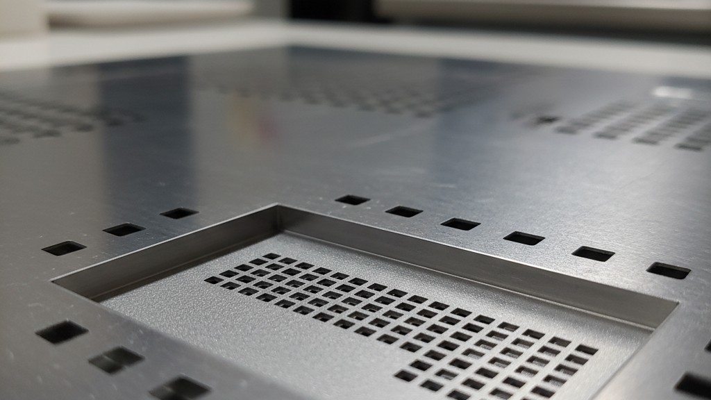 A macro photo of a metal SMT stencil shows a "step-down" area where the steel has been etched to be thinner than the surrounding foil, creating two distinct levels.