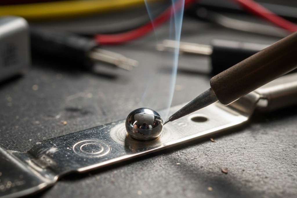 A macro photograph showing a blob of molten solder balled up on a shiny metal battery clip, refusing to wet the surface.