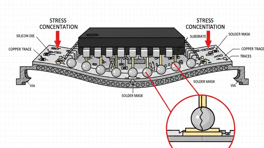 An illustration showing a circuit board flexing, which puts stress on the outer solder balls of a BGA component, leading to cracks.
