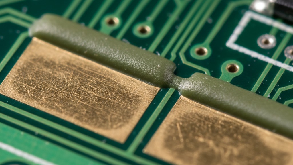 Extreme macro photography of a green PCB showing thin solder mask dams separating gold pads on a fine-pitch footprint.
