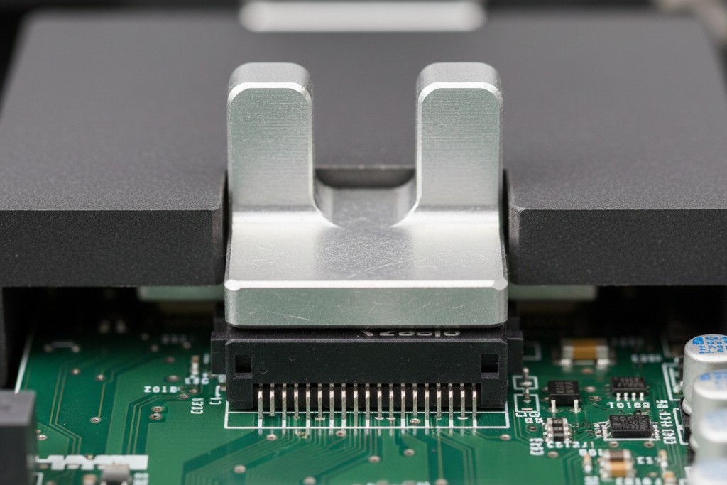 A top view shows a metal hold-down clip integrated into a solder pallet, pressing firmly on top of a black plastic connector to prevent it from moving.