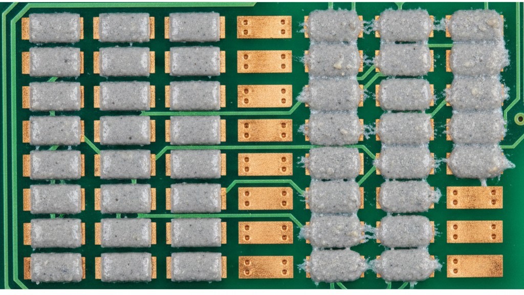 A macro photograph of a printed circuit board with gray solder paste deposits. Some deposits have slumped and spread, nearly touching adjacent pads on the fine-pitch component.