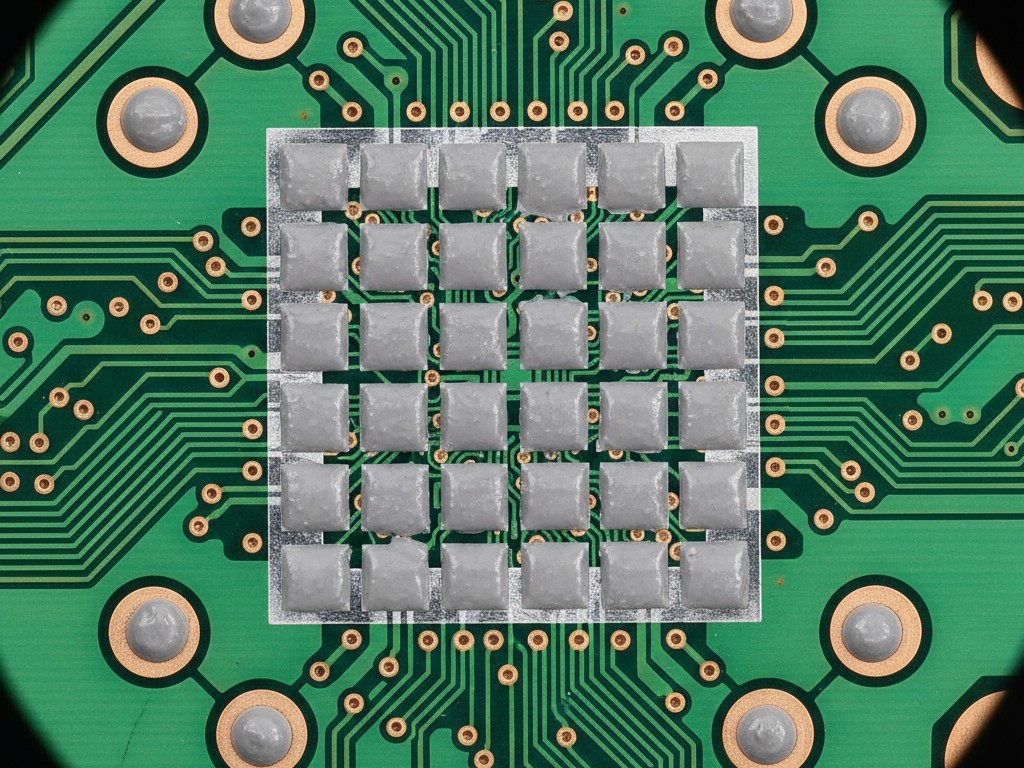 Solder paste is shown printed on a large square PCB pad in a grid pattern, rather than a solid block, creating channels through the deposit.