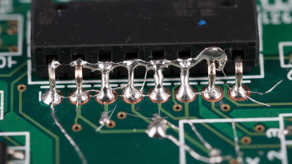 สะพานบัดกรีบนคอนเน็กเตอร์ที่มีจำนวน pins สูง ภาพโคลสอัปของแผงวงจรที่แสดงสะพานบัดกรีที่ไม่ตั้งใจระหว่าง pins ของคอนเน็กเตอร์ผ่านรู