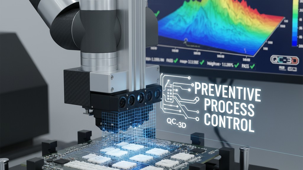 An SPI machine scans a PCB, with a nearby screen showing a 3D color map of solder paste deposits for quality control.