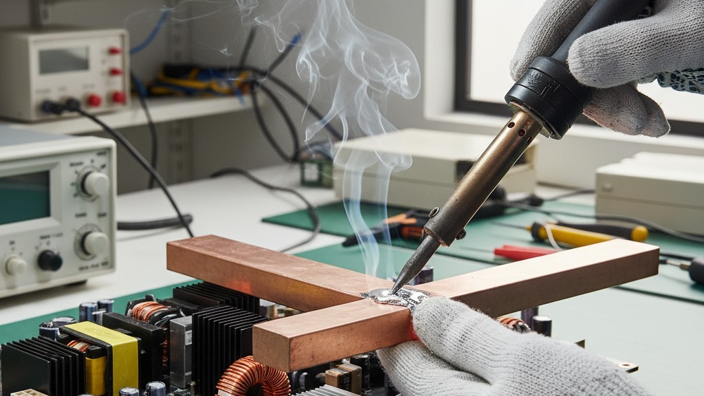 Hand-Soldering a Thick Copper Busbar with a High-Capacity Iron A technician carefully solders a large copper busbar to a power electronics PCB using a high-power soldering iron with a massive tip.