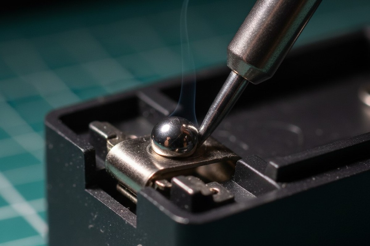 A close-up of a soldering iron touching a shiny metal battery contact, with a perfect sphere of molten solder balled up and refusing to flow onto the surface.