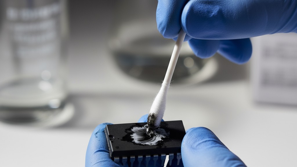 A close-up shot of a gloved hand wiping a solvent-soaked swab over an electronic chip, causing the fake blacktop markings to smear and dissolve.