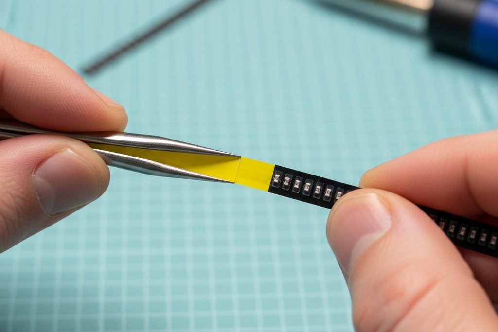 A close-up view of a technician's hands using a specialized tool to attach a yellow leader tape to a short black strip of electronic component tape.
