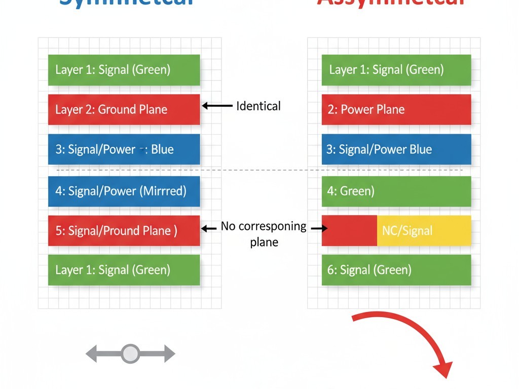 Symmetrical vs. Asymmetrical PCB Stackup A diagram comparing two PCB cross-sections. The left side shows a symmetrical stackup with mirrored layers, labeled 'Balanced'. The right side shows an asymmetrical stackup, labeled 'Unbalanced'.