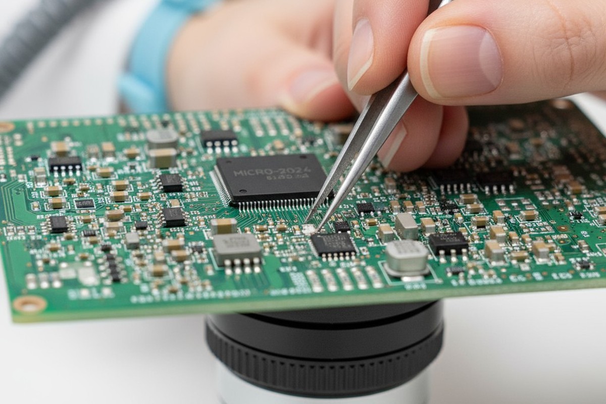 A technician's hands, one wearing a blue anti-static wrist strap, use fine-point tweezers to inspect a green circuit board under a microscope in a lab.