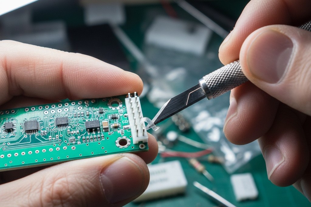 A close-up of a technician's hands using a small craft knife to carefully shave a thin piece of plastic off a white connector on a circuit board.