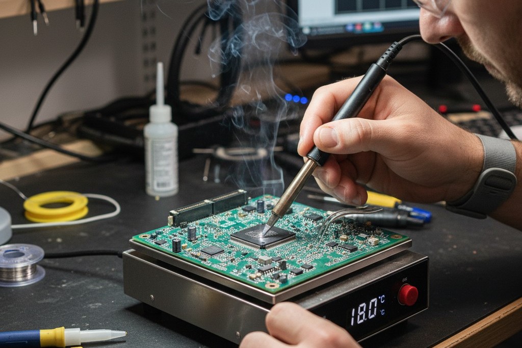 A technician at an electronics workbench uses a soldering iron on a circuit board that is sitting on a small hot plate used for preheating.