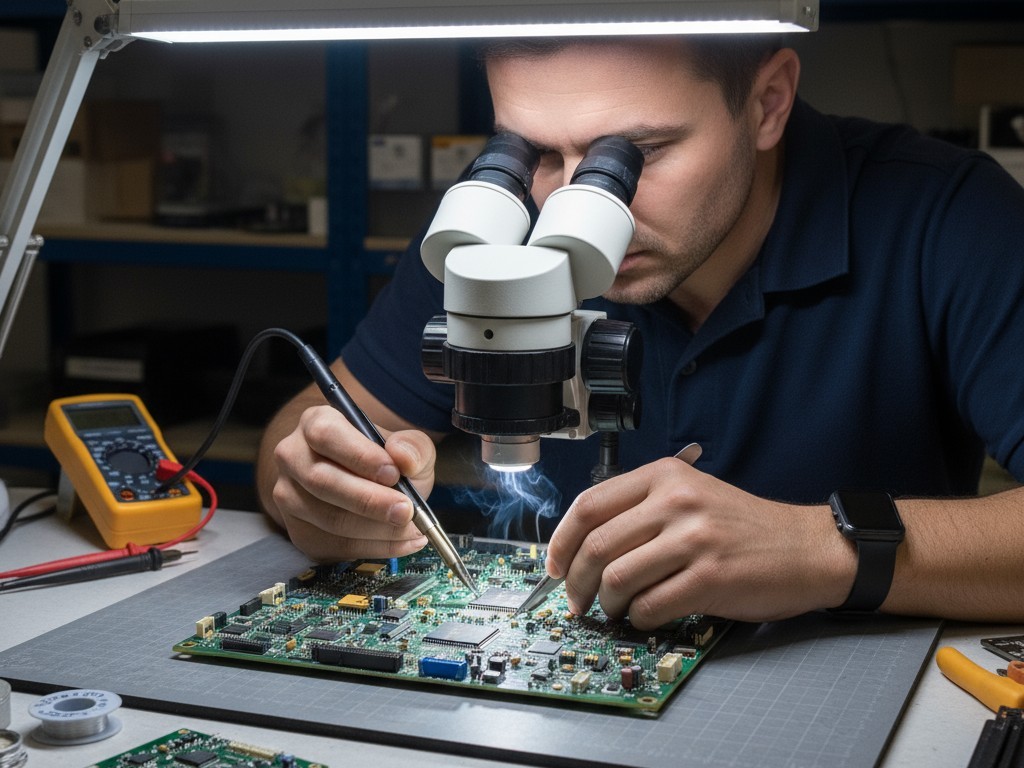 An electronics technician carefully reworks a complex circuit board under a microscope using a fine-tipped soldering iron.