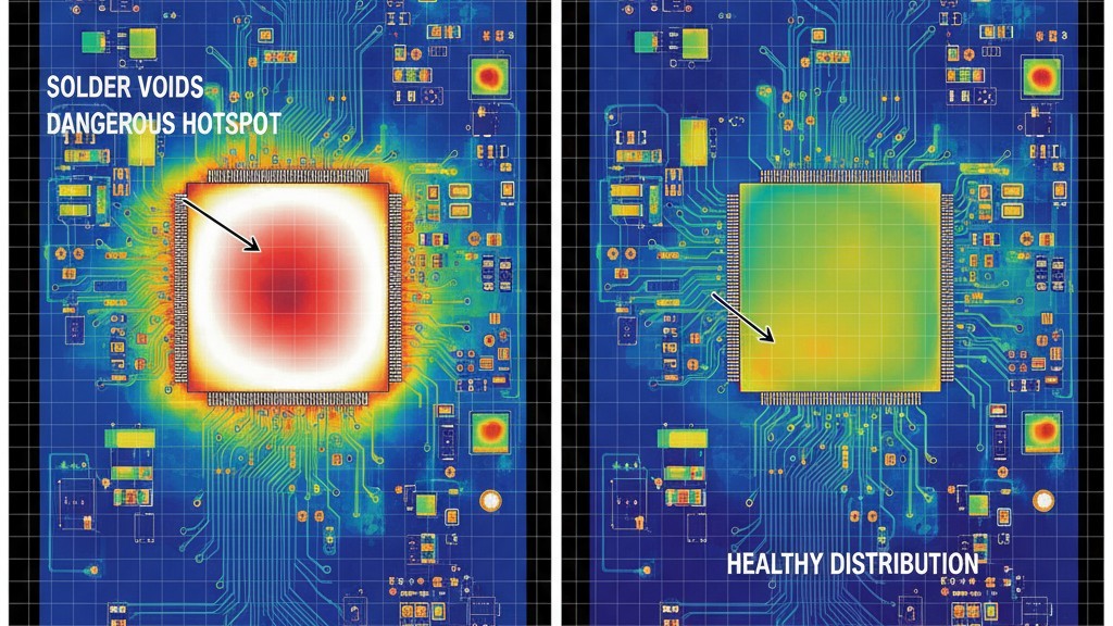 A side-by-side thermal image comparison. The left image shows a PCB with solder voids, resulting in a dangerous red hot spot on a component. The right image shows a void-free board with even, cool heat distribution.