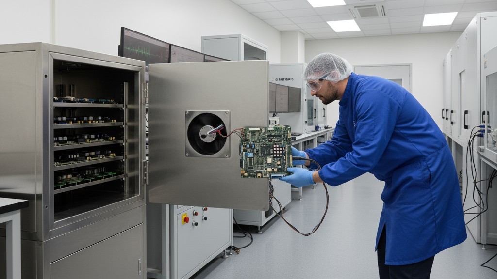 A printed circuit board assembly being placed inside a stainless steel environmental testing chamber for thermal cycling.