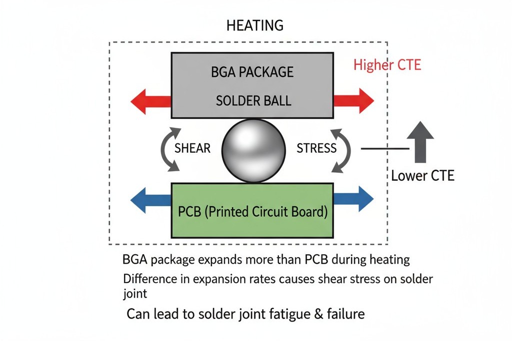 ความไม่ตรงกันของการขยายตัวทางความร้อนในจุดเชื่อมบอร์ดเม็ดกลม (BGA) ไดอะแกรมแสดงให้เห็นว่าการขยายตัวของแพคเกจ BGA และ PCB เมื่อได้รับความร้อนจะมีอัตราที่ต่างกัน ทำให้เกิดความเครียดบนจุดเชื่อมโลหะที่เชื่อมต่อกัน