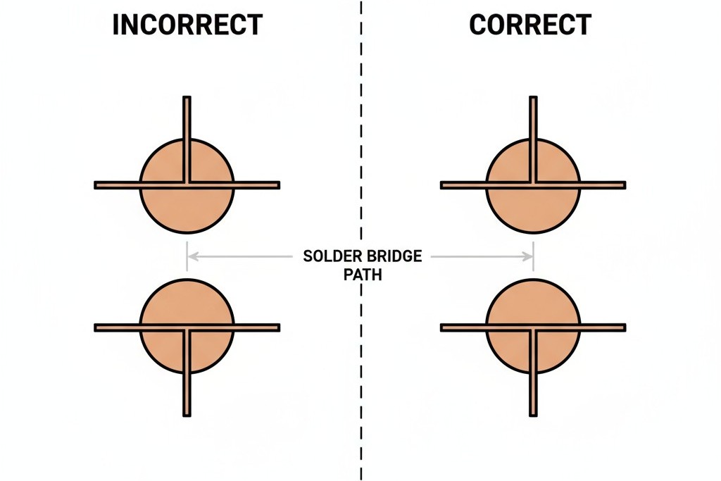 การจัดแนวร้อนที่ถูกต้องกับไม่ถูกต้อง ไดอะแกรมเปรียบเทียบการจัดแนวร้อน การจัดแนวผิดจะแสดง spokes ชี้ไปที่แผ่นทองแดงข้างเคียง สร้างเส้นทางเชื่อมต่อ ส่วนที่ถูกต้องจะแสดง spokes หมุนเพื่อป้องกันไม่ให้เกิดขึ้น