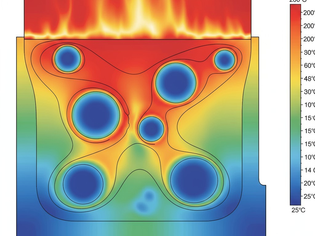 Thermal Simulation of Heat Flow Around Voids A heat map showing how heat from an LED is forced to flow around insulating voids in the solder, creating hot spots.