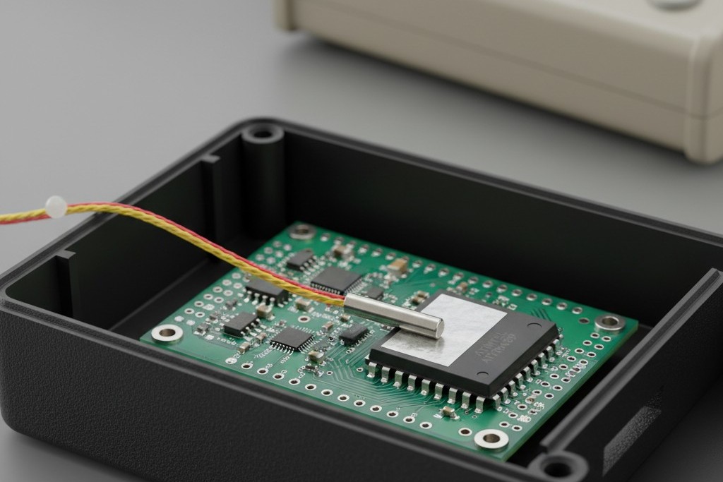 Termopar incrustado para monitoreo de temperatura Se coloca cuidadosamente un cable termopar de tipo K delgado dentro de una carcasa de electronica, con la punta del sensor pegada directamente a un componente en la placa de circuito antes de encapsular.